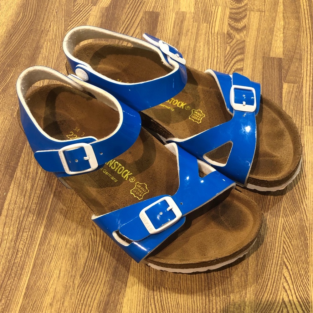 Birkenstock Rio Neon Patent Blue Sandals, 3